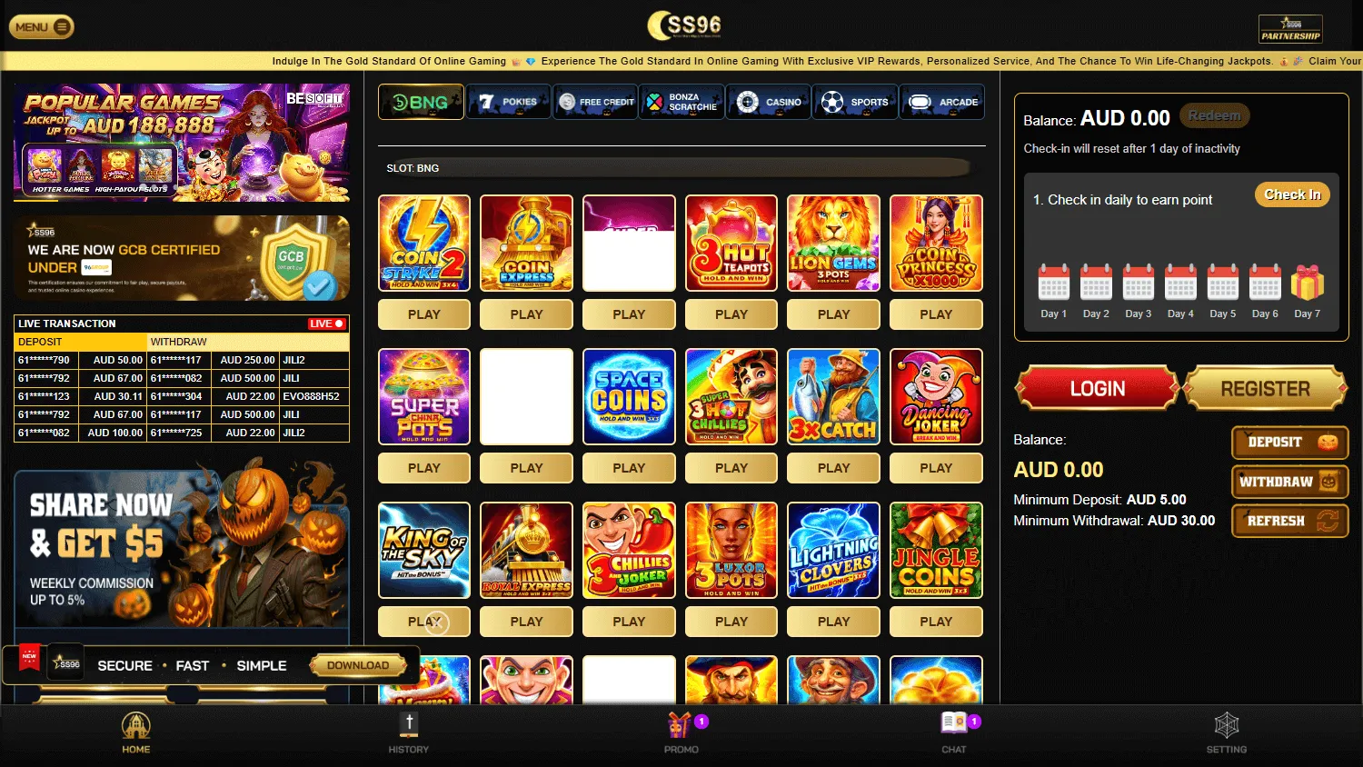 Skystar96 Casino home on desktop
